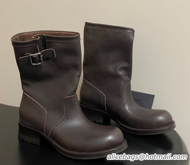 Top Grade Prada Leather Heel Ankle Boots 4cm with Buckle Brown 2025 PR102704 1027076