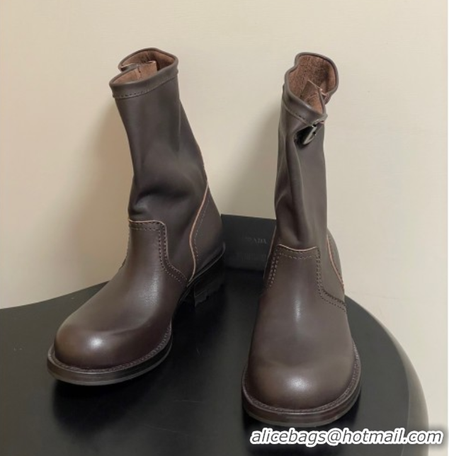 Top Grade Prada Leather Heel Ankle Boots 4cm with Buckle Brown 2025 PR102704 1027076