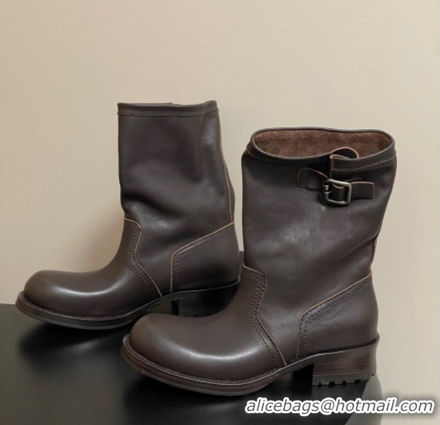 Top Grade Prada Leather Heel Ankle Boots 4cm with Buckle Brown 2025 PR102704 1027076