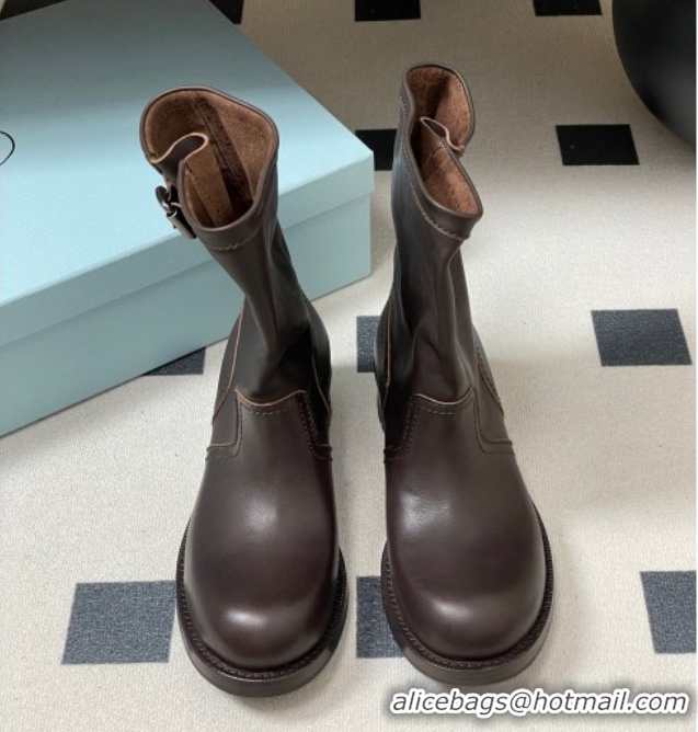 Top Grade Prada Leather Heel Ankle Boots 4cm with Buckle Brown 2025 PR102704 1027076