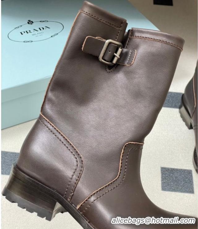 Top Grade Prada Leather Heel Ankle Boots 4cm with Buckle Brown 2025 PR102704 1027076