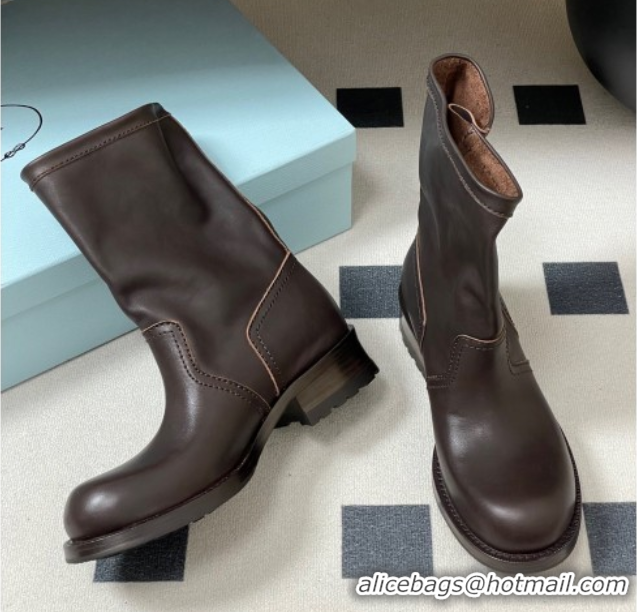 Top Grade Prada Leather Heel Ankle Boots 4cm with Buckle Brown 2025 PR102704 1027076