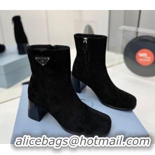 Stylish Prada Suede Heel Ankle Boots 6.5cm Black 2025 PR102705 1027077
