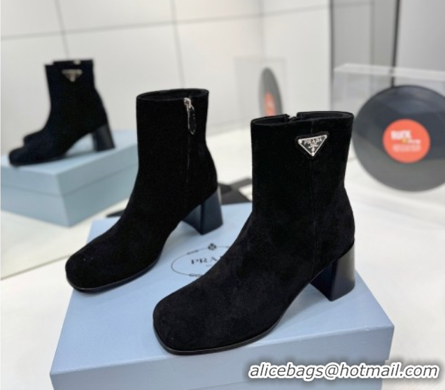 Stylish Prada Suede Heel Ankle Boots 6.5cm Black 2025 PR102705 1027077