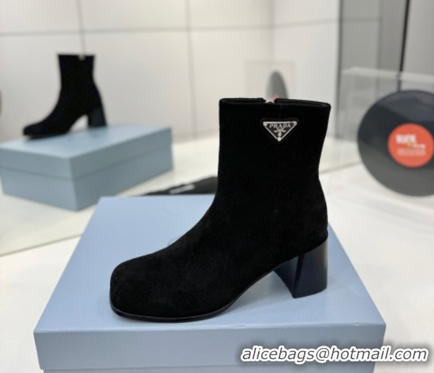 Stylish Prada Suede Heel Ankle Boots 6.5cm Black 2025 PR102705 1027077