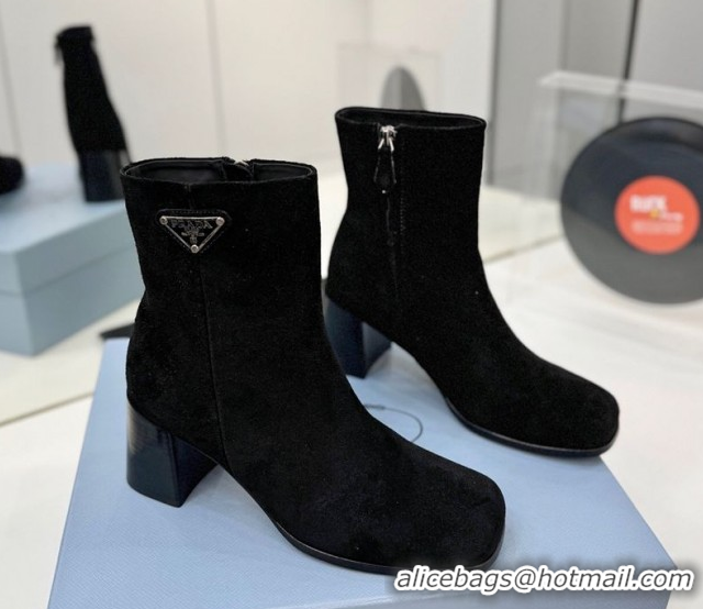 Stylish Prada Suede Heel Ankle Boots 6.5cm Black 2025 PR102705 1027077