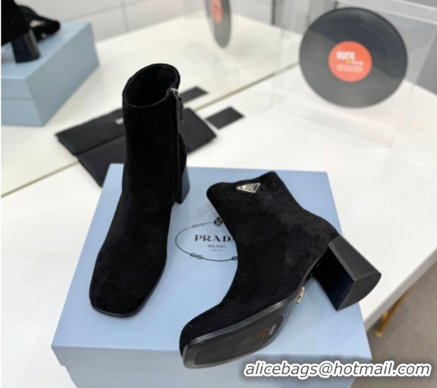 Stylish Prada Suede Heel Ankle Boots 6.5cm Black 2025 PR102705 1027077