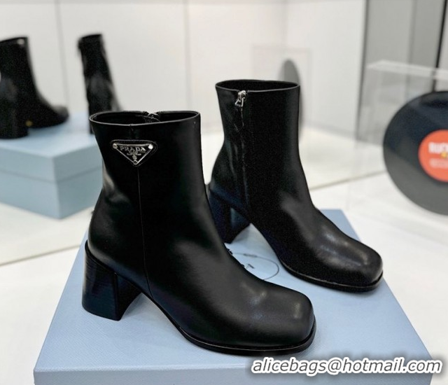 Stylish Prada Calf Leather Heel Ankle Boots 6.5cm Black 2025 PR102705 51027080