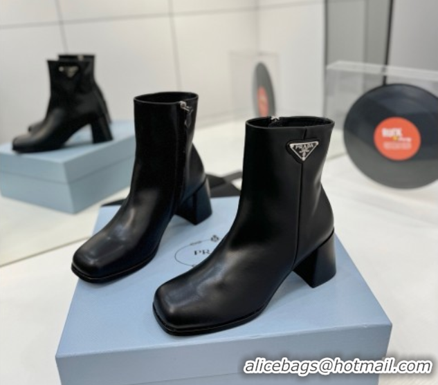 Stylish Prada Calf Leather Heel Ankle Boots 6.5cm Black 2025 PR102705 51027080