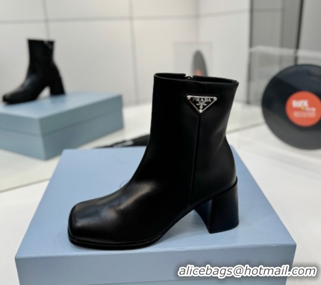 Stylish Prada Calf Leather Heel Ankle Boots 6.5cm Black 2025 PR102705 51027080