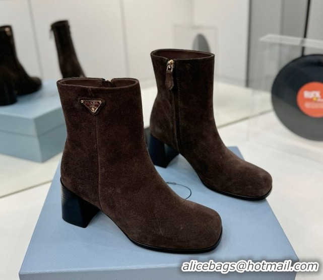 Sumptuous Prada Suede Heel Ankle Boots 6.5cm Dark Brown 2025 PR102705 51027079