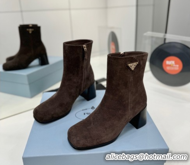 Sumptuous Prada Suede Heel Ankle Boots 6.5cm Dark Brown 2025 PR102705 51027079