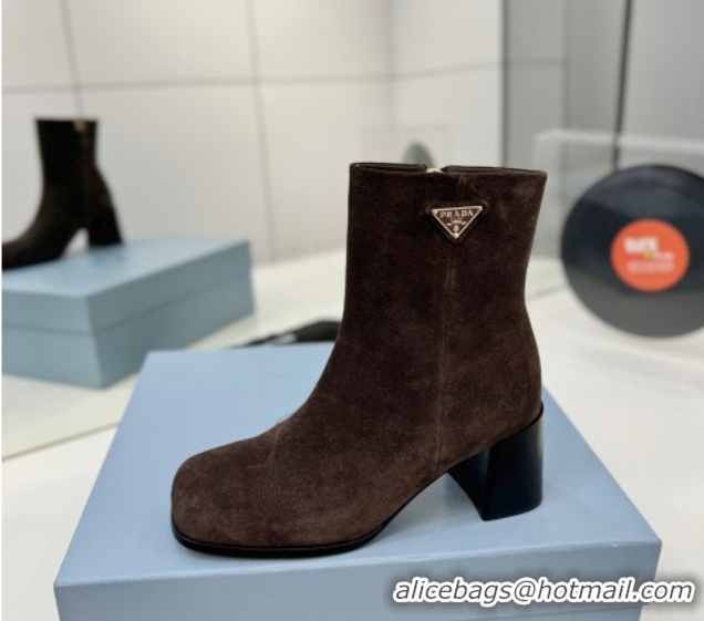 Sumptuous Prada Suede Heel Ankle Boots 6.5cm Dark Brown 2025 PR102705 51027079