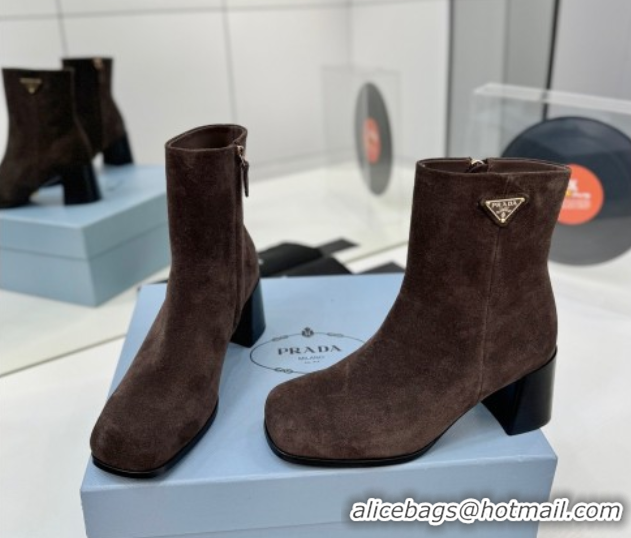 Sumptuous Prada Suede Heel Ankle Boots 6.5cm Dark Brown 2025 PR102705 51027079