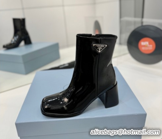 Duplicate Prada Patent Leather Heel Ankle Boots 6.5cm Black 2025 PR102705 1027081