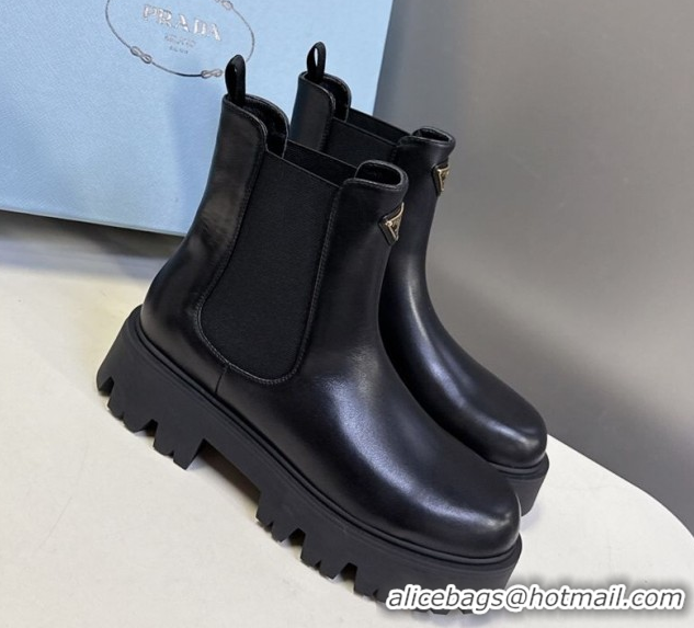 Perfect Prada Shiny Leather Platform Ankle Boots 5cm Black 2025 1T186O 1027082