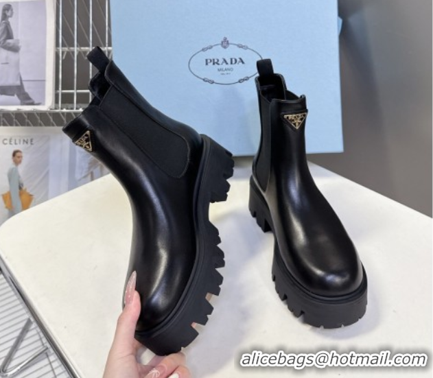 Perfect Prada Shiny Leather Platform Ankle Boots 5cm Black 2025 1T186O 1027082