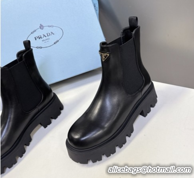 Perfect Prada Shiny Leather Platform Ankle Boots 5cm Black 2025 1T186O 1027082