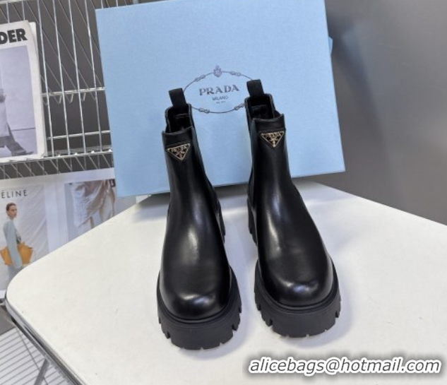 Perfect Prada Shiny Leather Platform Ankle Boots 5cm Black 2025 1T186O 1027082