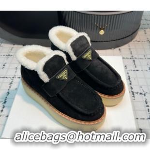 Best Product Prada Suede and Wool Platform Slip-on Ankle Boots 5cm Black 2025 PR102706 1027084