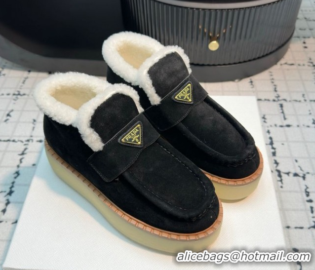 Best Product Prada Suede and Wool Platform Slip-on Ankle Boots 5cm Black 2025 PR102706 1027084