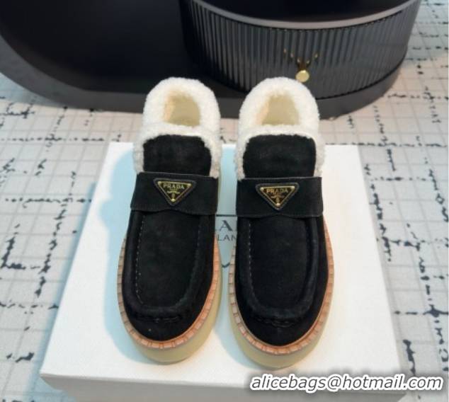 Best Product Prada Suede and Wool Platform Slip-on Ankle Boots 5cm Black 2025 PR102706 1027084