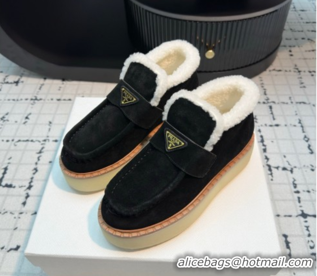 Best Product Prada Suede and Wool Platform Slip-on Ankle Boots 5cm Black 2025 PR102706 1027084
