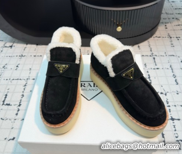Best Product Prada Suede and Wool Platform Slip-on Ankle Boots 5cm Black 2025 PR102706 1027084