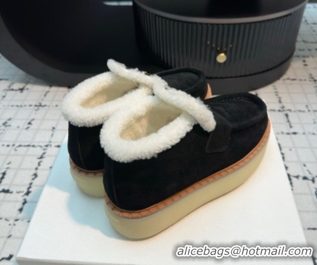 Best Product Prada Suede and Wool Platform Slip-on Ankle Boots 5cm Black 2025 PR102706 1027084