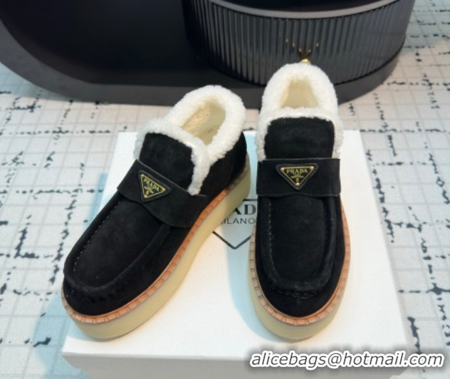 Best Product Prada Suede and Wool Platform Slip-on Ankle Boots 5cm Black 2025 PR102706 1027084