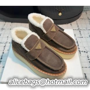 Good Quality Prada Suede and Wool Platform Slip-on Ankle Boots 5cm Dark Brown 2025 PR102706 1027085