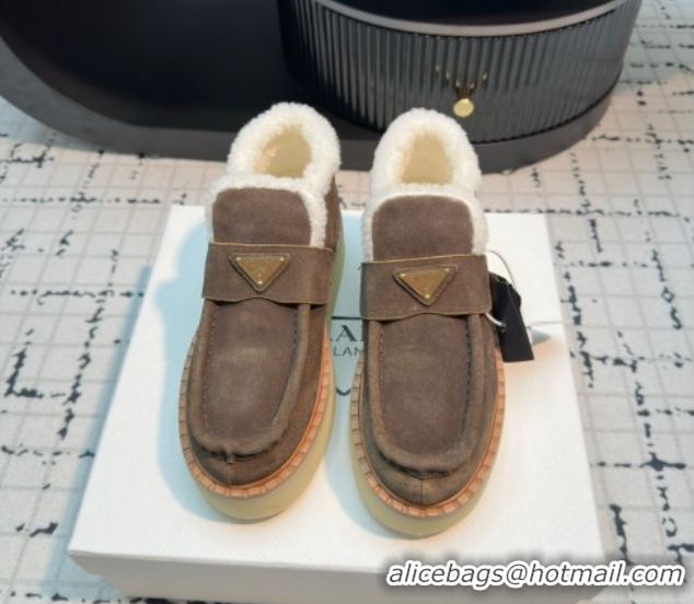Good Quality Prada Suede and Wool Platform Slip-on Ankle Boots 5cm Dark Brown 2025 PR102706 1027085