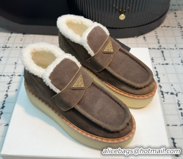 Good Quality Prada Suede and Wool Platform Slip-on Ankle Boots 5cm Dark Brown 2025 PR102706 1027085