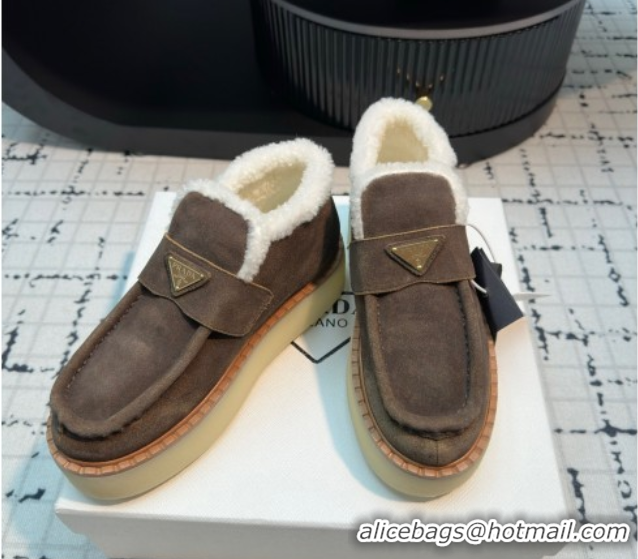 Good Quality Prada Suede and Wool Platform Slip-on Ankle Boots 5cm Dark Brown 2025 PR102706 1027085