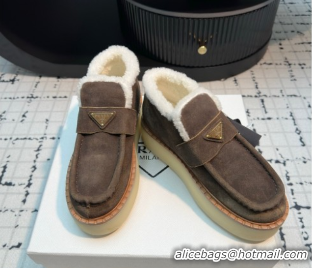 Good Quality Prada Suede and Wool Platform Slip-on Ankle Boots 5cm Dark Brown 2025 PR102706 1027085