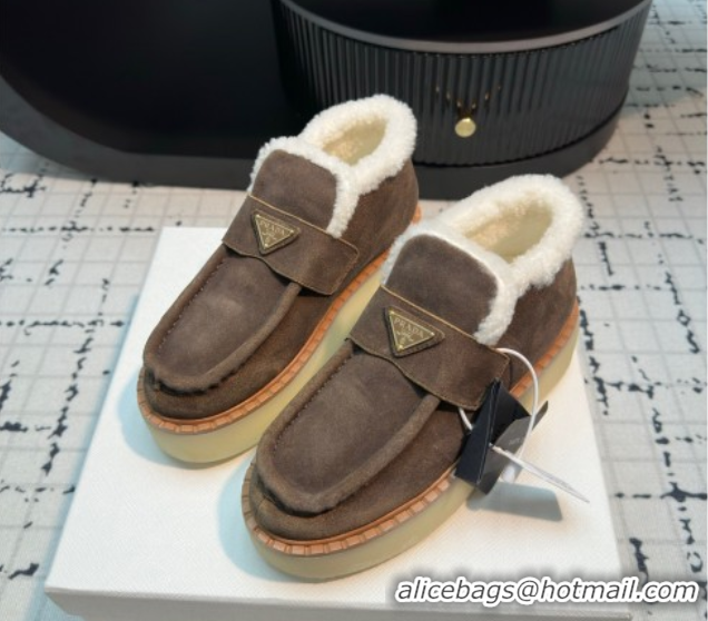 Good Quality Prada Suede and Wool Platform Slip-on Ankle Boots 5cm Dark Brown 2025 PR102706 1027085