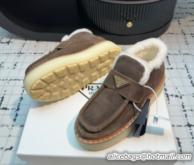 Good Quality Prada Suede and Wool Platform Slip-on Ankle Boots 5cm Dark Brown 2025 PR102706 1027085