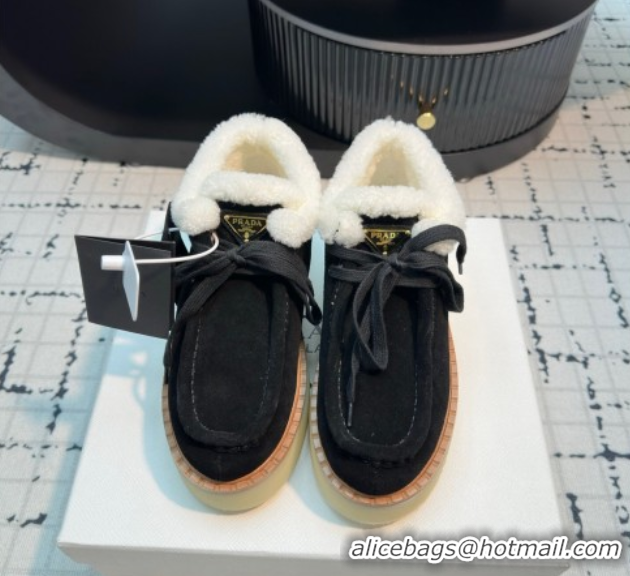 Pretty Style Prada Suede and Wool Platform Chukka Ankle Boots 5cm Black 2025 1T716N 1027088