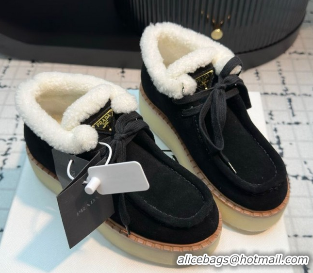 Pretty Style Prada Suede and Wool Platform Chukka Ankle Boots 5cm Black 2025 1T716N 1027088