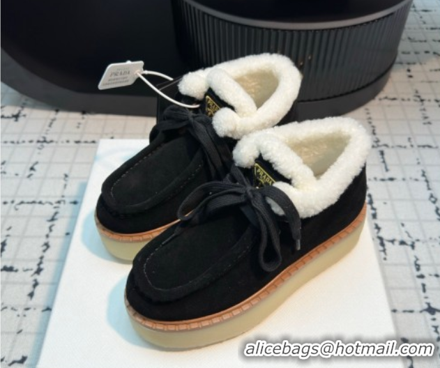 Pretty Style Prada Suede and Wool Platform Chukka Ankle Boots 5cm Black 2025 1T716N 1027088