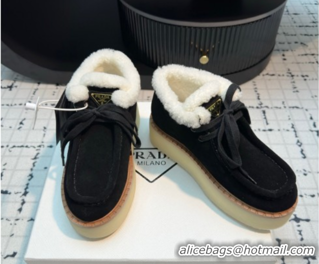 Pretty Style Prada Suede and Wool Platform Chukka Ankle Boots 5cm Black 2025 1T716N 1027088