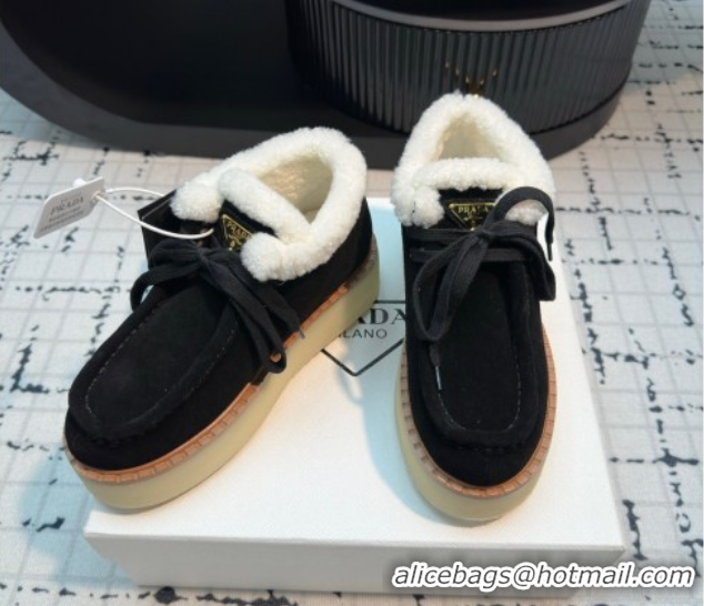 Pretty Style Prada Suede and Wool Platform Chukka Ankle Boots 5cm Black 2025 1T716N 1027088