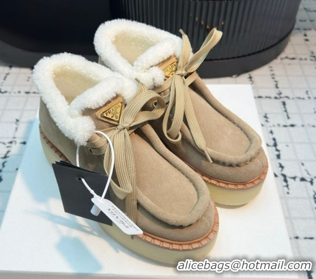 Best Grade Prada Suede and Wool Platform Chukka Ankle Boots 5cm Beige 2025 1T716N 1027090