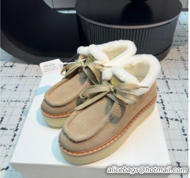 Best Grade Prada Suede and Wool Platform Chukka Ankle Boots 5cm Beige 2025 1T716N 1027090