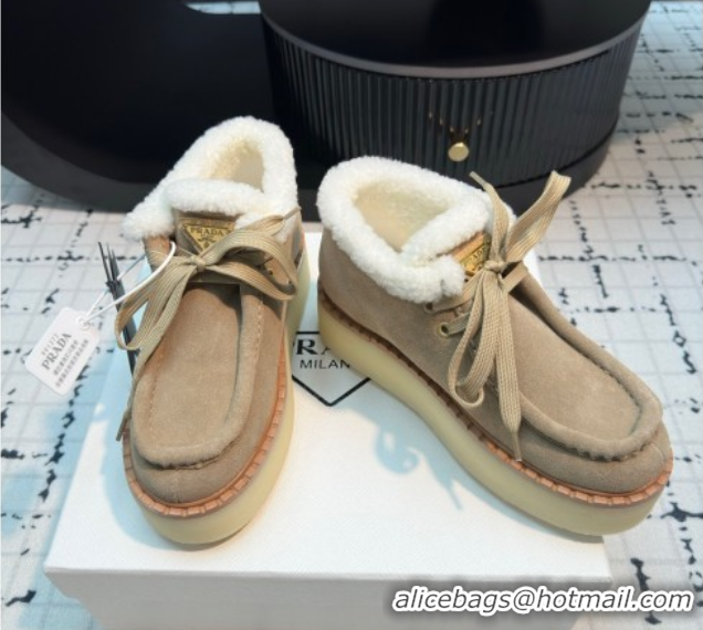 Best Grade Prada Suede and Wool Platform Chukka Ankle Boots 5cm Beige 2025 1T716N 1027090