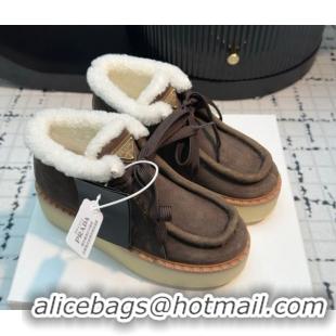 Luxury Prada Suede and Wool Platform Chukka Ankle Boots 5cm Dark Brown 2025 1T716N 1027092