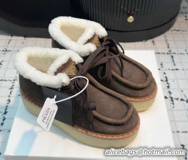 Luxury Prada Suede and Wool Platform Chukka Ankle Boots 5cm Dark Brown 2025 1T716N 1027092