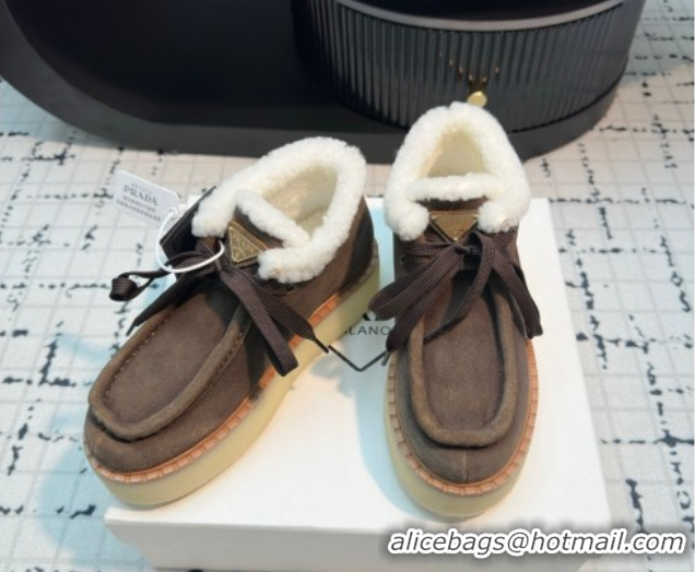 Luxury Prada Suede and Wool Platform Chukka Ankle Boots 5cm Dark Brown 2025 1T716N 1027092