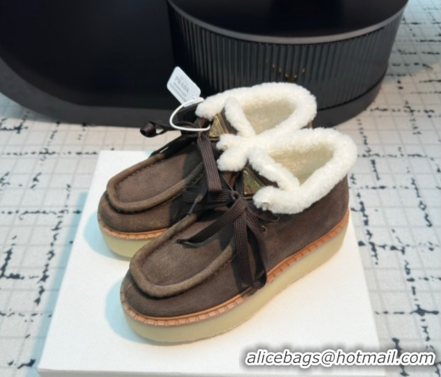 Luxury Prada Suede and Wool Platform Chukka Ankle Boots 5cm Dark Brown 2025 1T716N 1027092