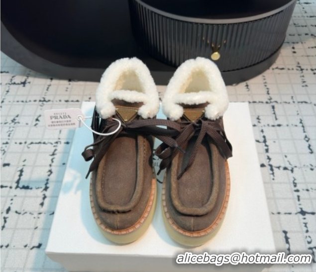 Luxury Prada Suede and Wool Platform Chukka Ankle Boots 5cm Dark Brown 2025 1T716N 1027092